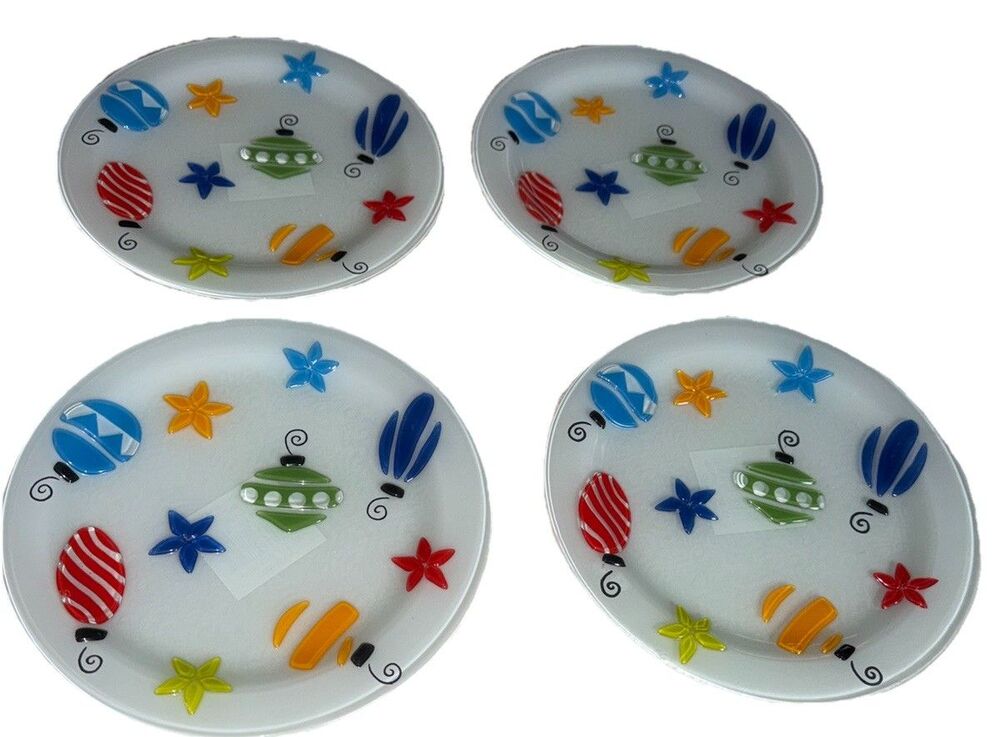 Block Crystal Christmas Plates Fused art glass xmas ornaments (set of 4)